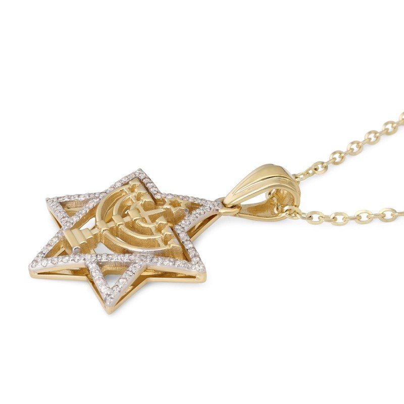 Pendentif étoile de David en or 14 carats serti de diamants avec menor à sept branches