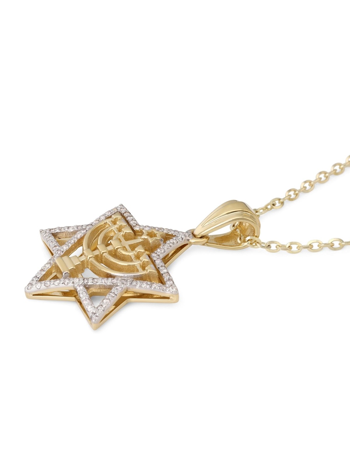 Pendentif étoile de David en or 14 carats serti de diamants avec menor à sept branches