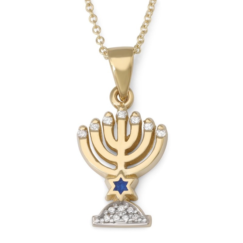 Petit pendentif menorah à sept branches en or 14 carats avec 14 diamants et Ena