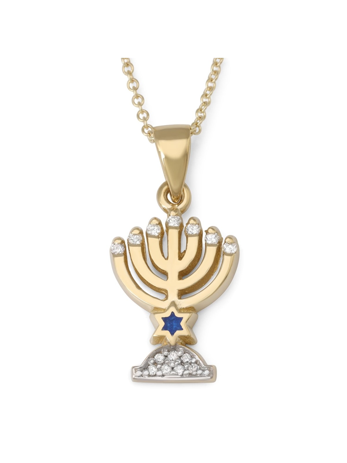 14K Gold Small Seven-Branched Menorah Pendant with 14 Diamonds and Ena