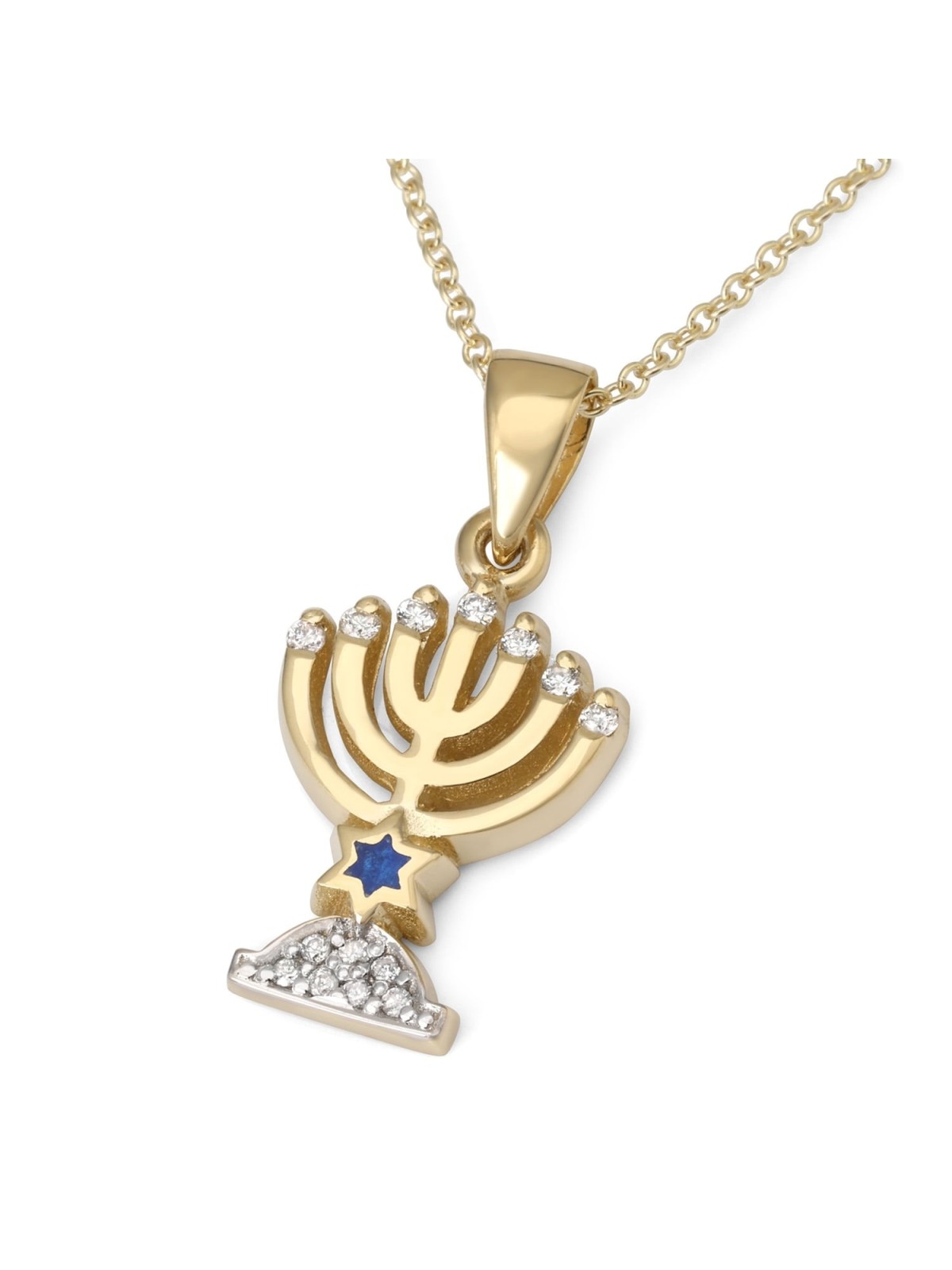14K Gold Small Seven-Branched Menorah Pendant with 14 Diamonds and Ena