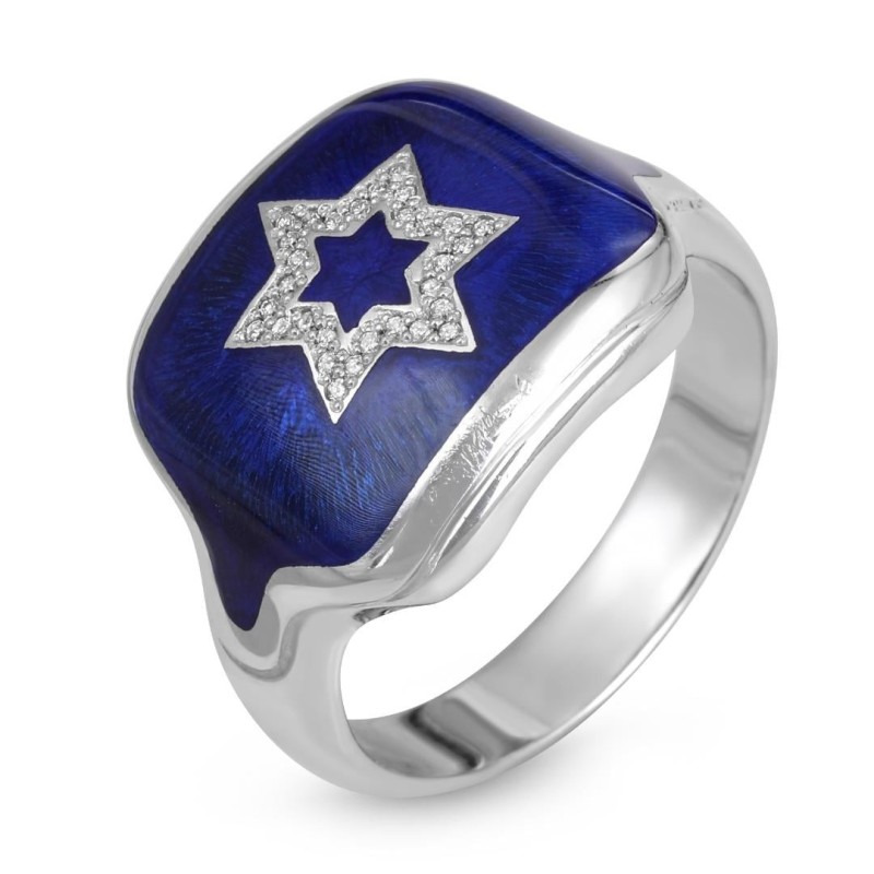 Bague étoile de David en or blanc 14 carats avec diamants blancs et émail bleu