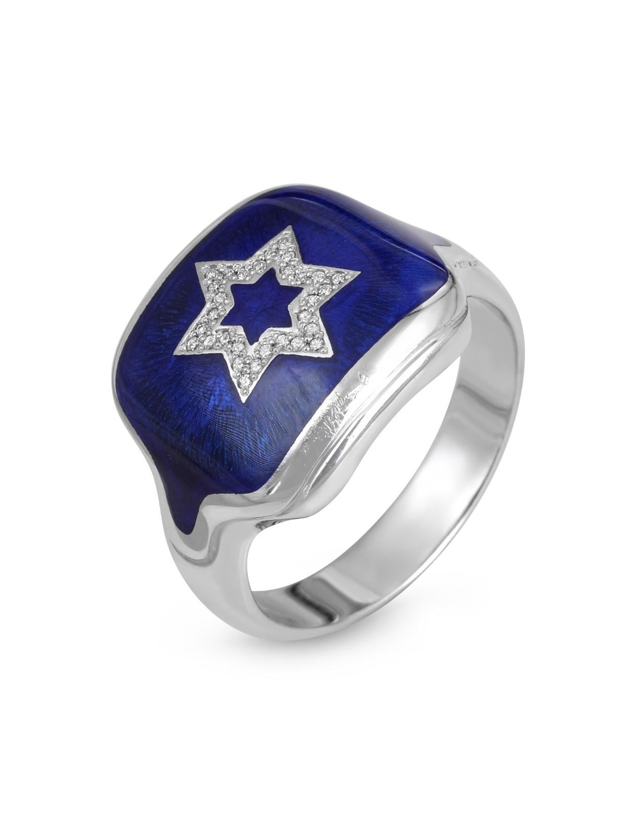 Bague étoile de David en or blanc 14 carats avec diamants blancs et émail bleu