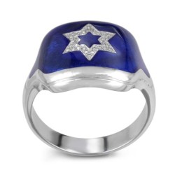 14K White Gold Star of David Ring with White Diamonds & Blue Enamel