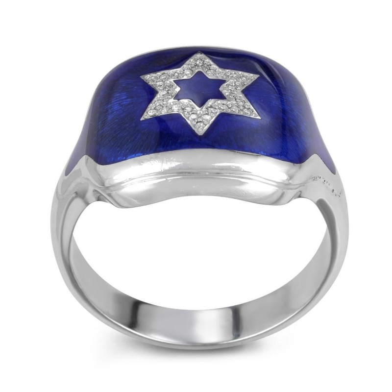 Bague étoile de David en or blanc 14 carats avec diamants blancs et émail bleu
