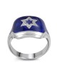 14K White Gold Star of David Ring with White Diamonds & Blue Enamel