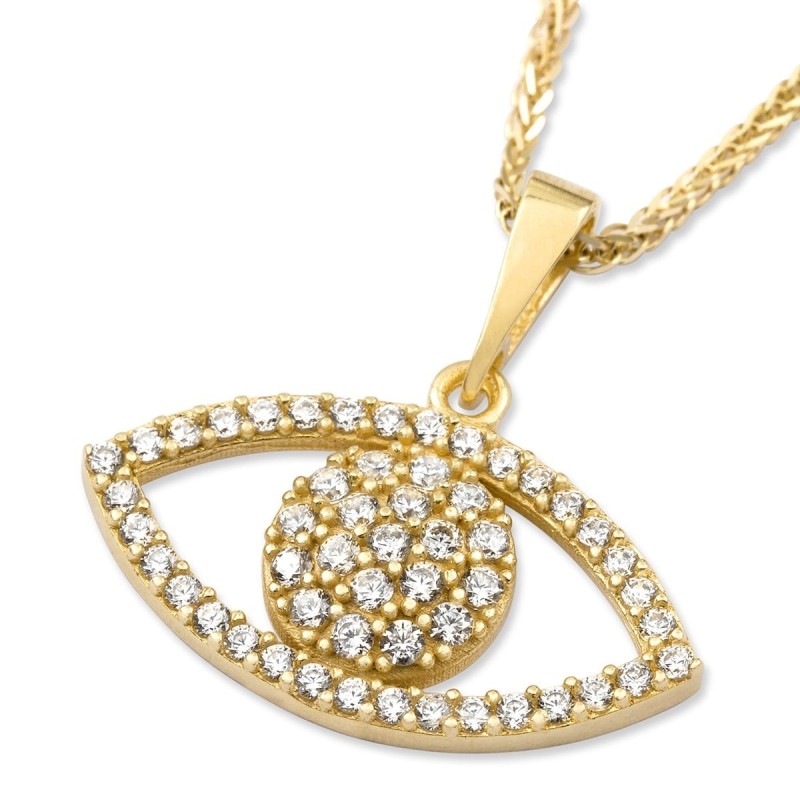 14K Yellow Gold and Cubic Zirconia Evil Eye Pendant Necklace