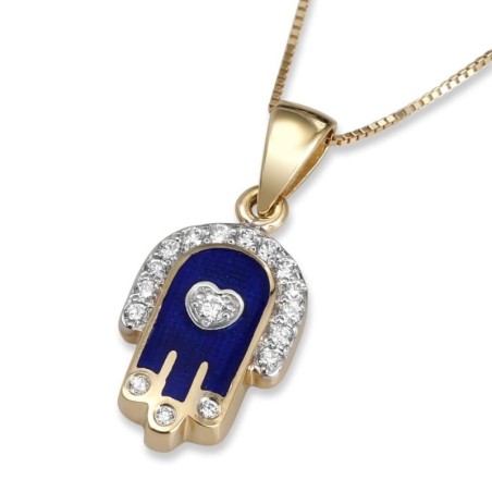 Pendentif Hamsa Love Heart en or 14 carats avec diamants et émail bleu