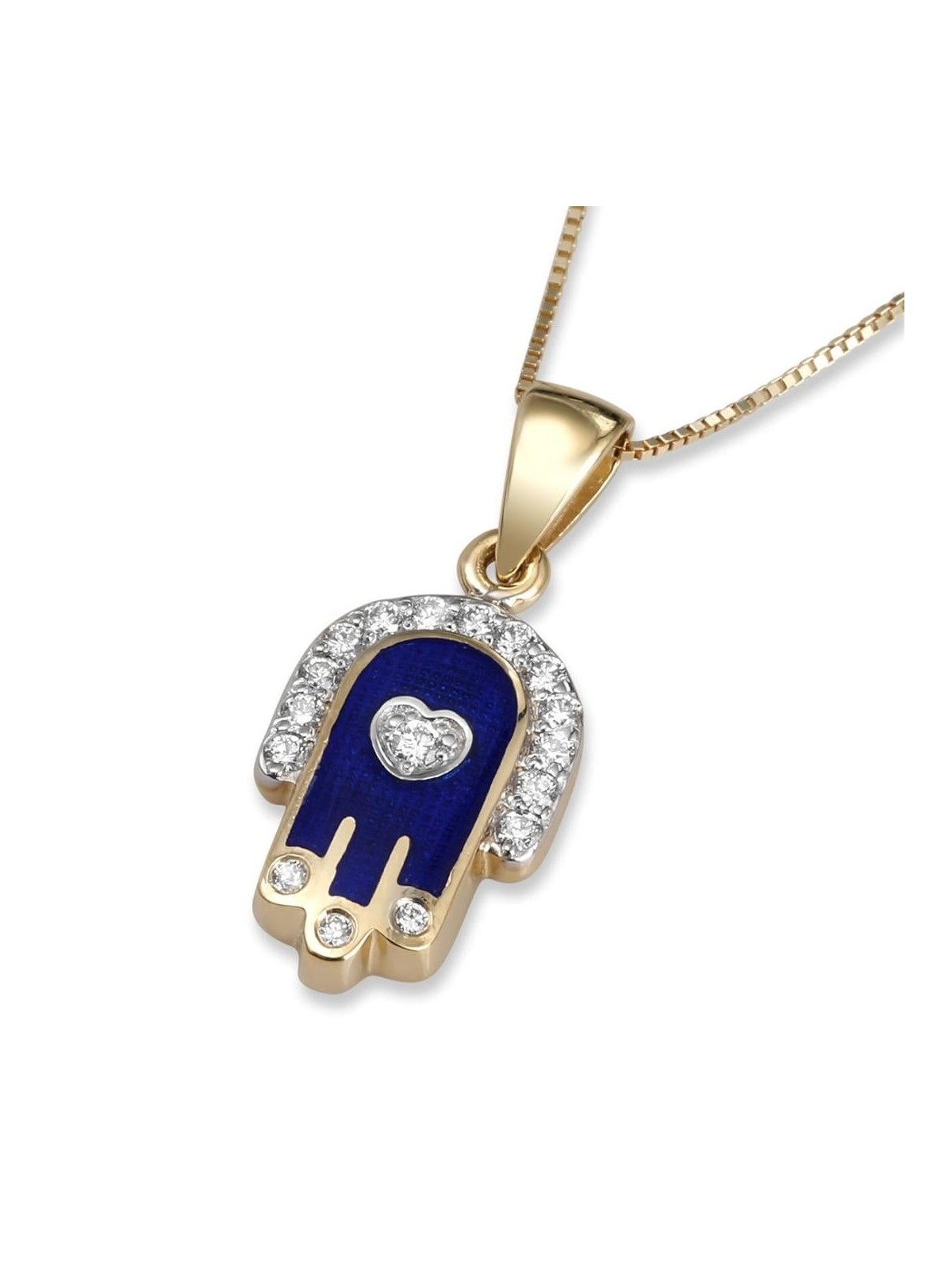 14K Gold Hamsa Love Heart Pendant with Diamonds & Blue Enamel