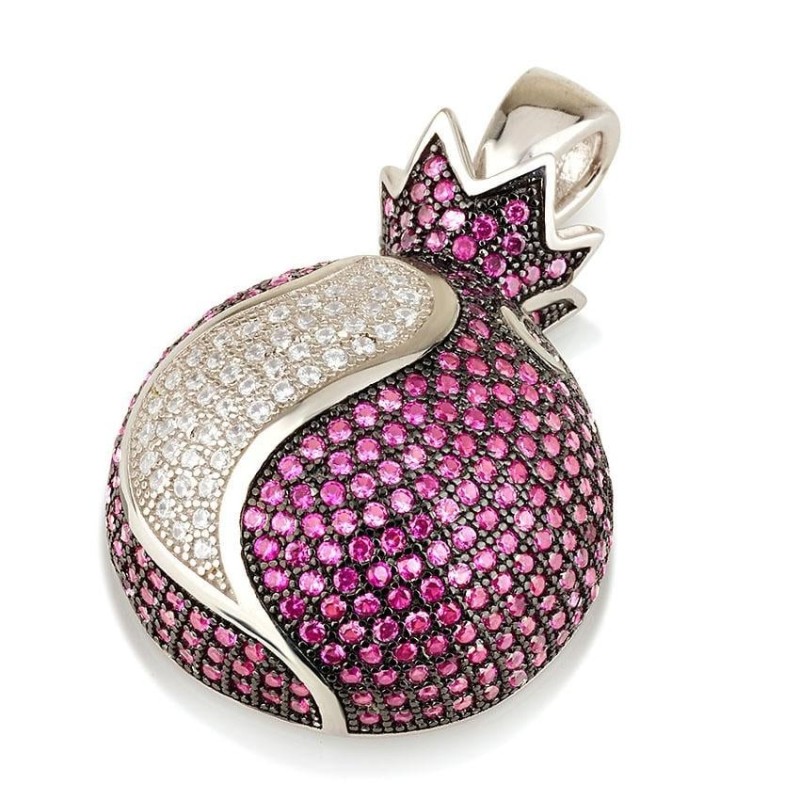 Pendentif grande grenade en argent sterling 925 avec zircon rouge et blanc