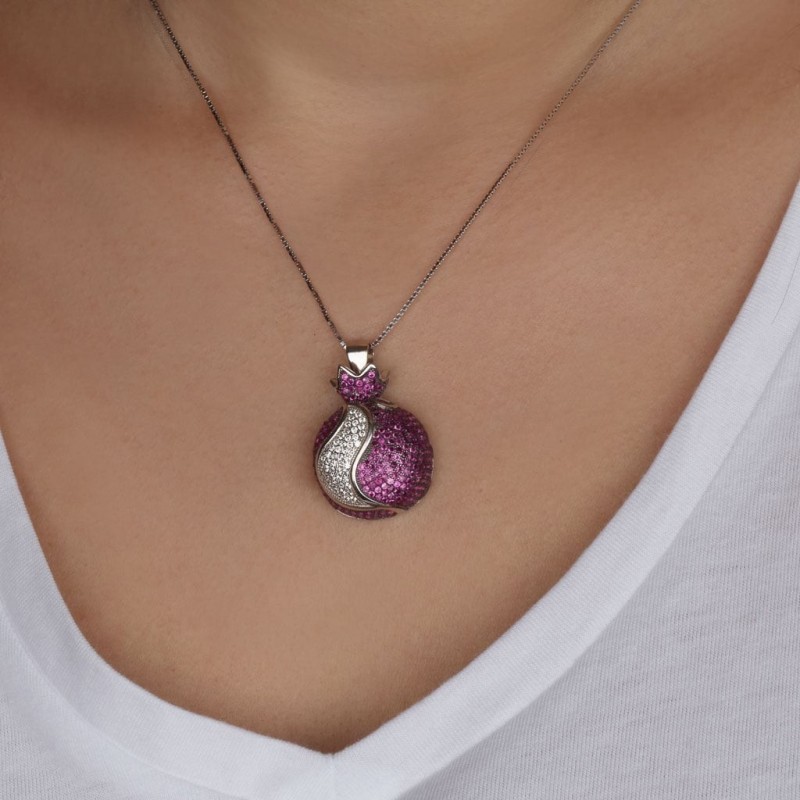 925 Sterling Silver Large Pomegranate Pendant with Red & White Zircon