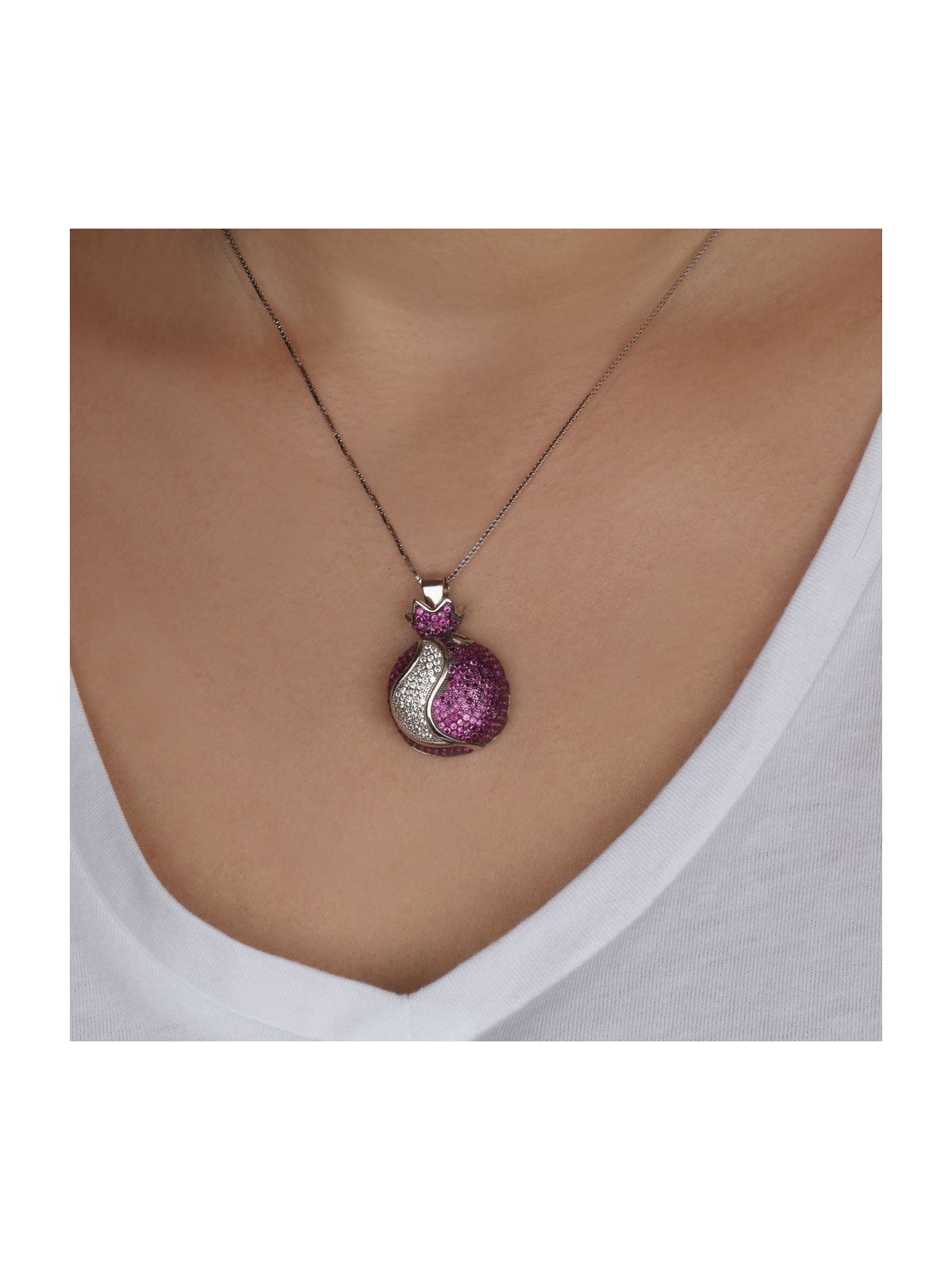 Pendentif grande grenade en argent sterling 925 avec zircon rouge et blanc