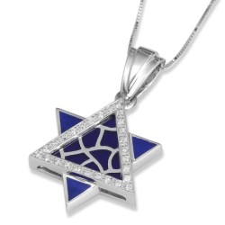 14K White Gold Stained Glass Star of David Pendant with Diamonds & Blu