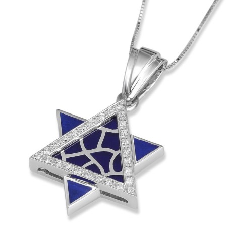 Pendentif étoile de David en vitrail en or blanc 14 carats avec diamants et bleu