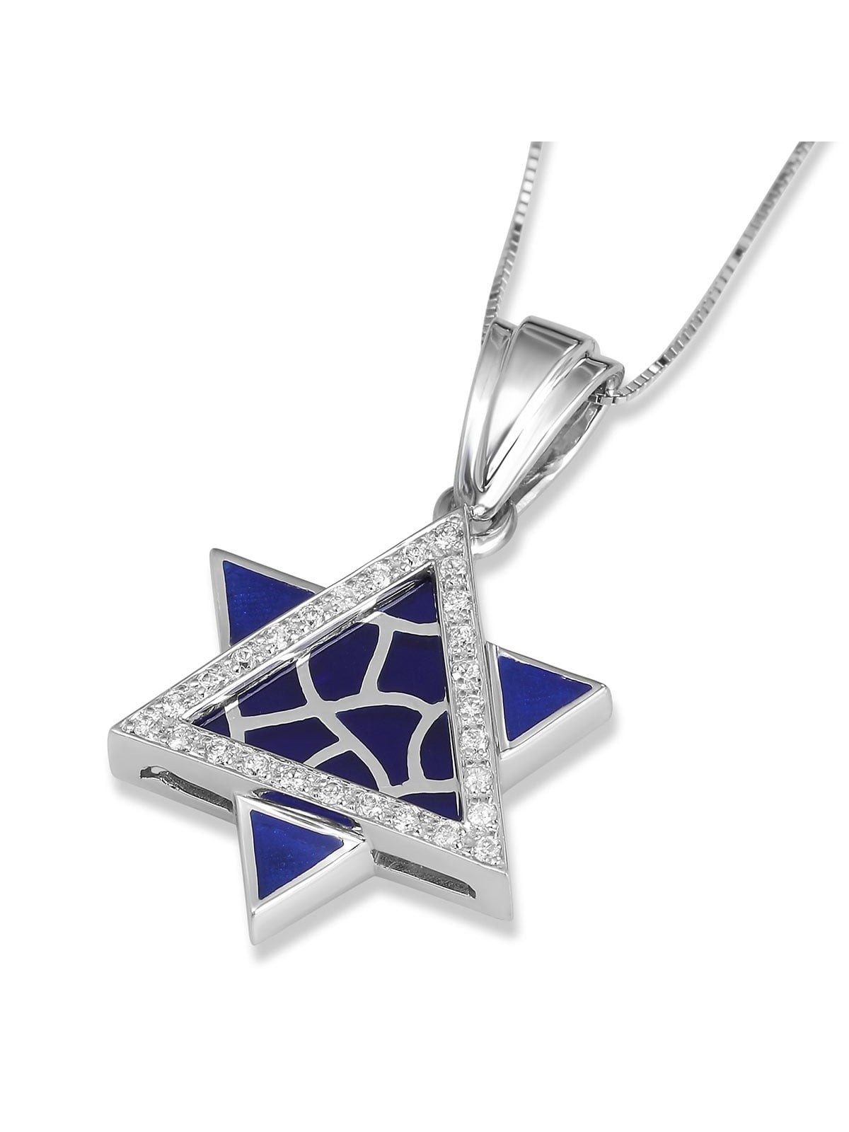 14K White Gold Stained Glass Star of David Pendant with Diamonds & Blu