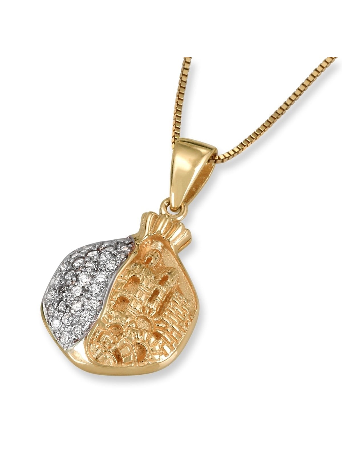 14K Gold Diamond-Encrusted Pomegranate Pendant With Jerusalem Motif