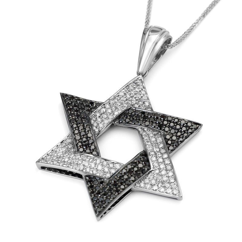 Pendentif étoile de David en or 14 carats avec diamants noirs et blancs