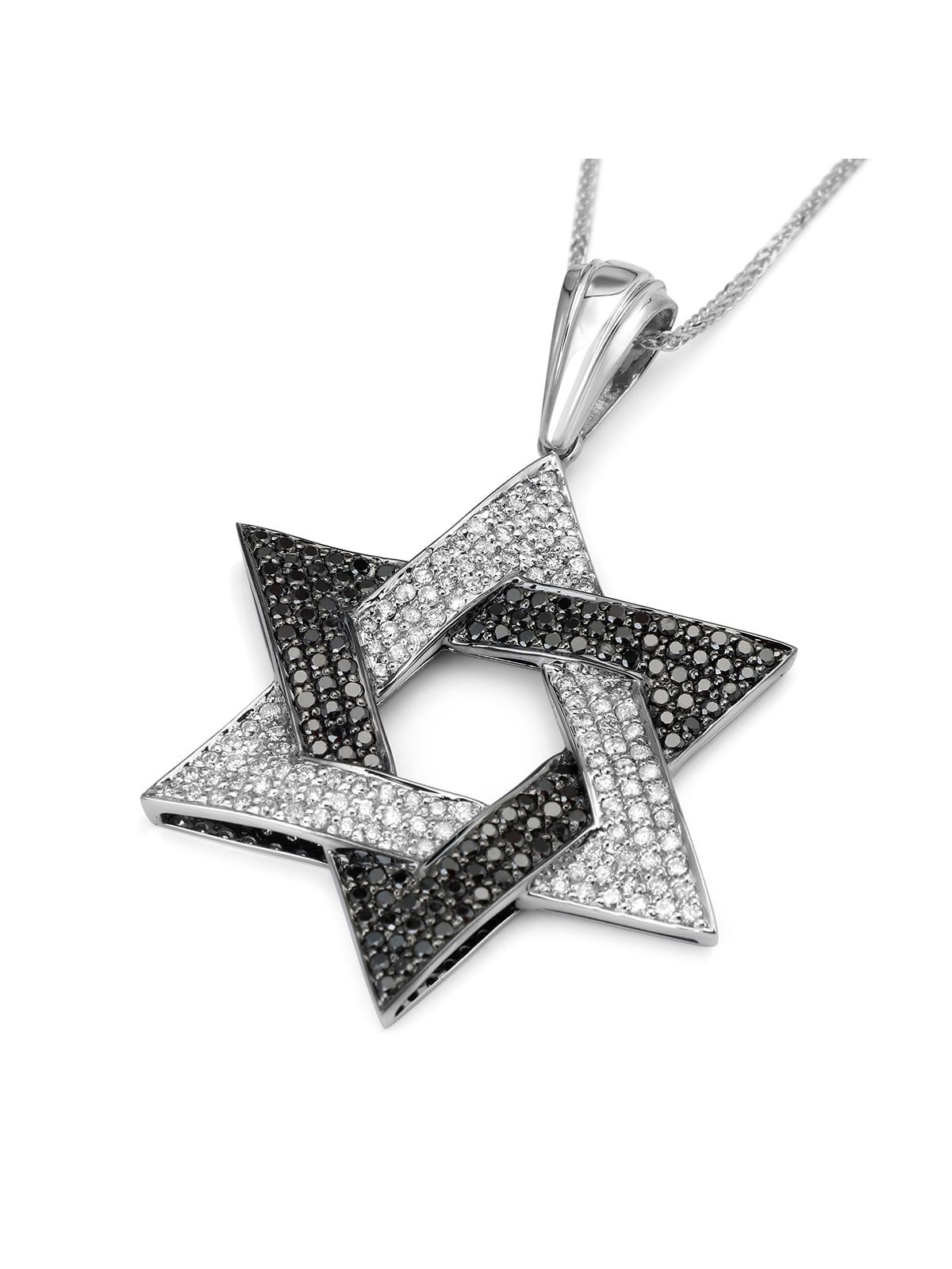 14K Gold Star of David Pendant with Black and White Diamonds