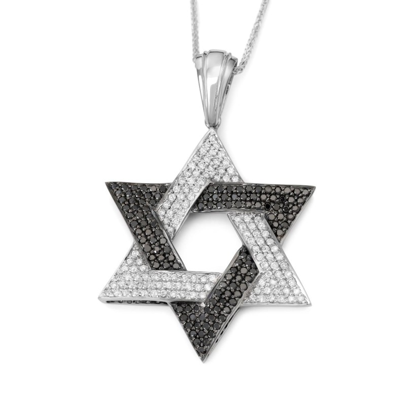 Pendentif étoile de David en or 14 carats avec diamants noirs et blancs