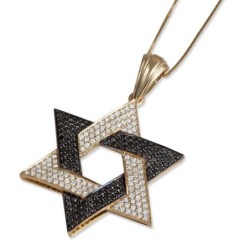 14K Gold Star of David Pendant with Black and White Diamonds