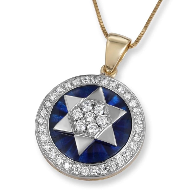 Pendentif halo de diamants étoile de David en or jaune 14 carats avec émail bleu