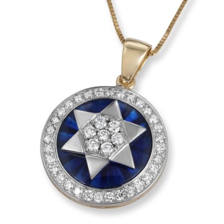Pendentif halo de diamants étoile de David en or jaune 14 carats avec émail bleu