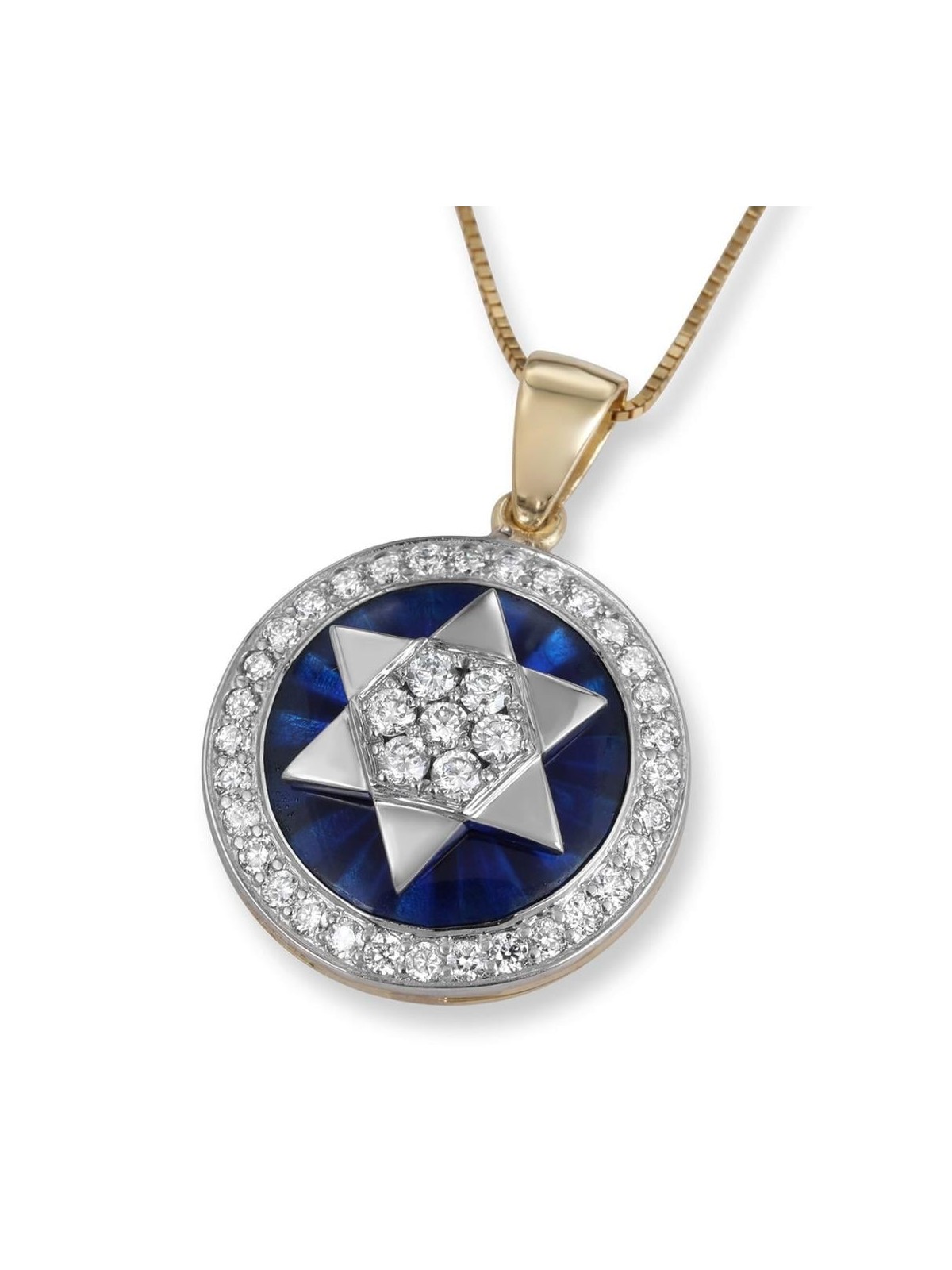 14K Yellow Gold Star of David Diamond Halo Pendant with Blue Enamel