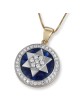 14K Yellow Gold Star of David Diamond Halo Pendant with Blue Enamel
