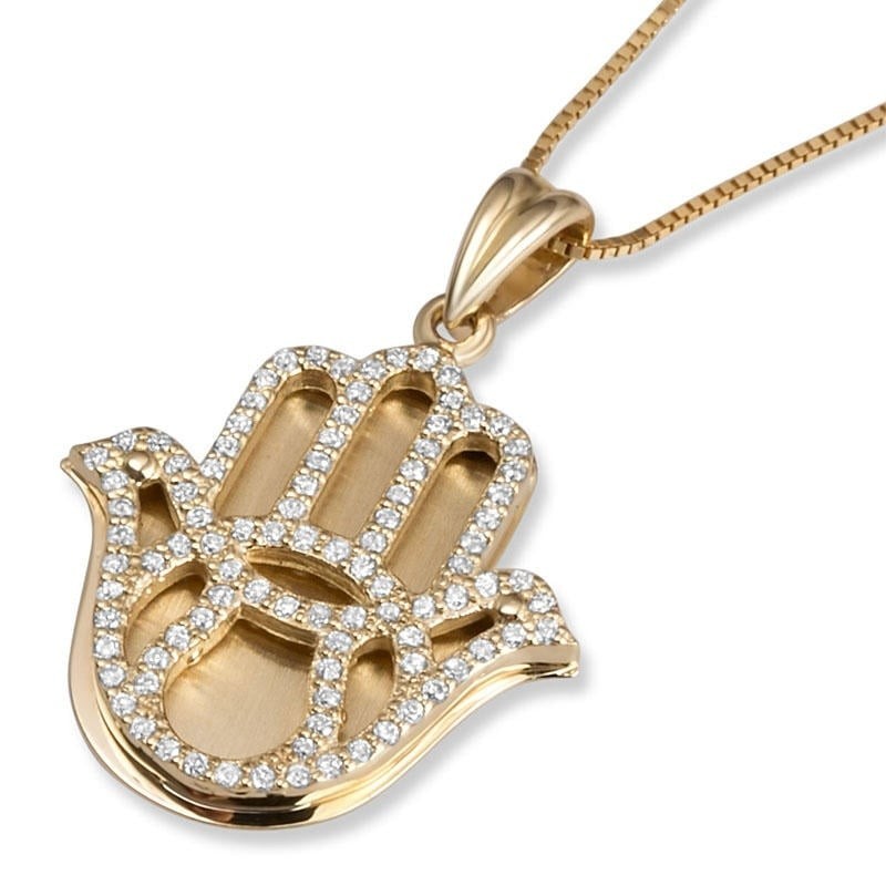 Grand pendentif Hamsa en or 14 carats avec diamants