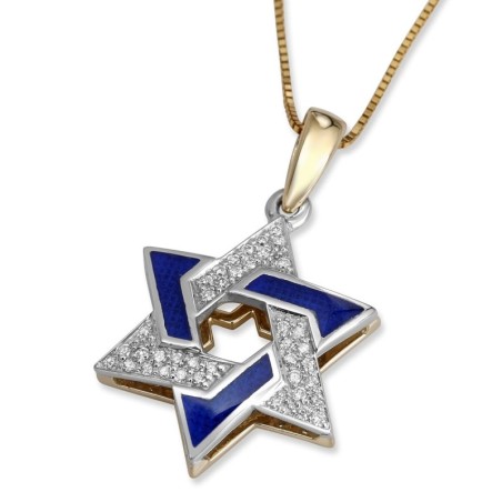 Pendentif étoile de David en or jaune et blanc 14 carats avec émail bleu et blanc