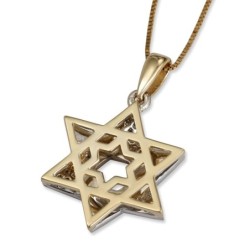 14K Yellow & White Gold Star of David Pendant with Blue Enamel and Whi