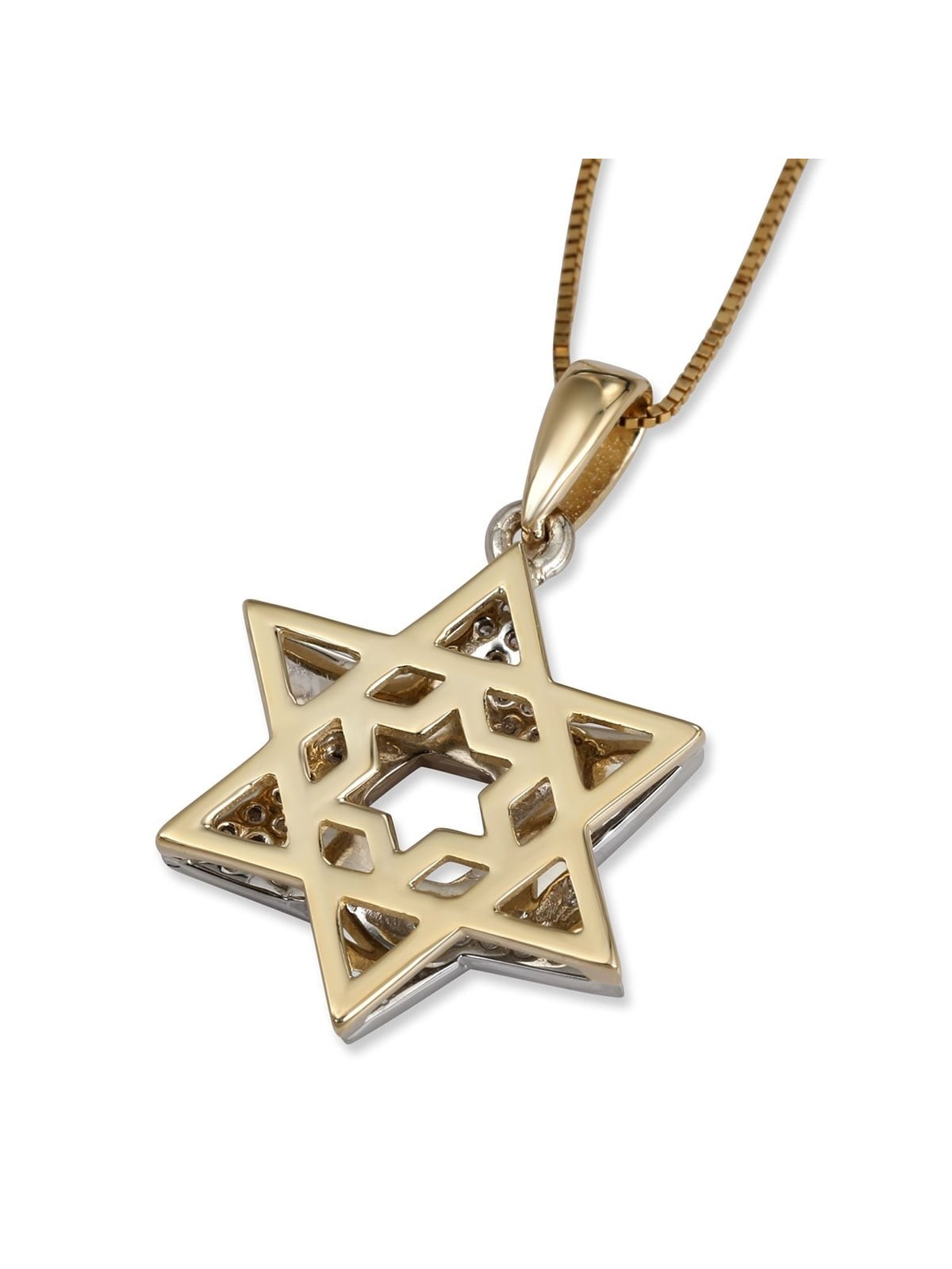 Pendentif étoile de David en or jaune et blanc 14 carats avec émail bleu et blanc