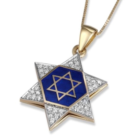 Pendentif diamant étoile de David en or jaune 14 carats avec émail bleu