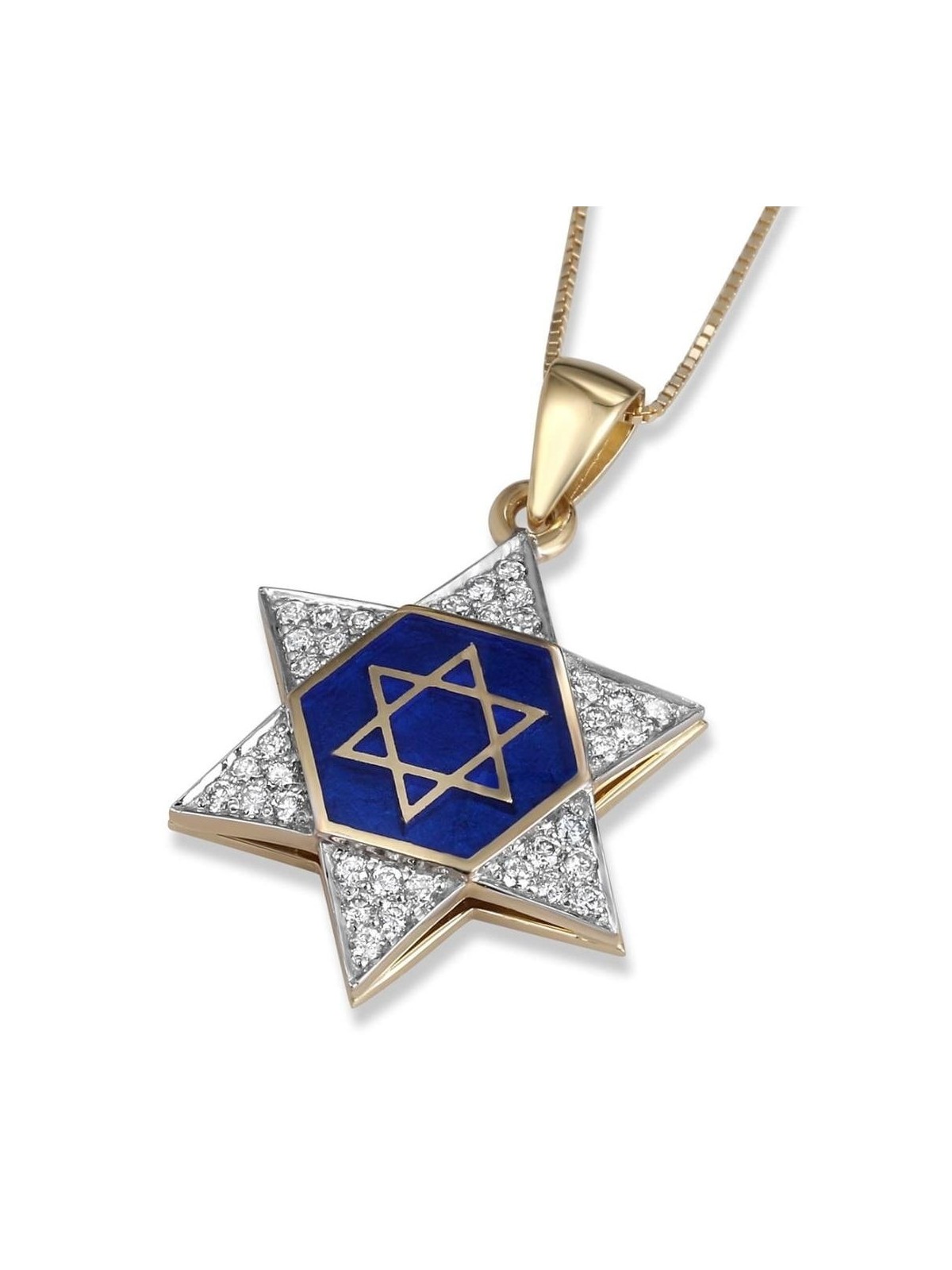 14K Yellow Gold Star of David Diamond Pendant with Blue Enamel