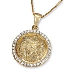 14K Gold Round Jerusalem Pendant With Diamonds