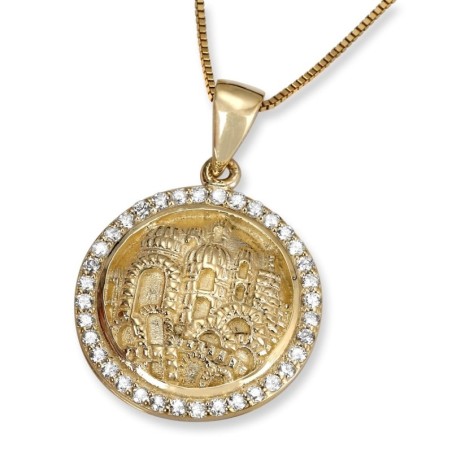 Pendentif Jérusalem rond en or 14 carats avec diamants