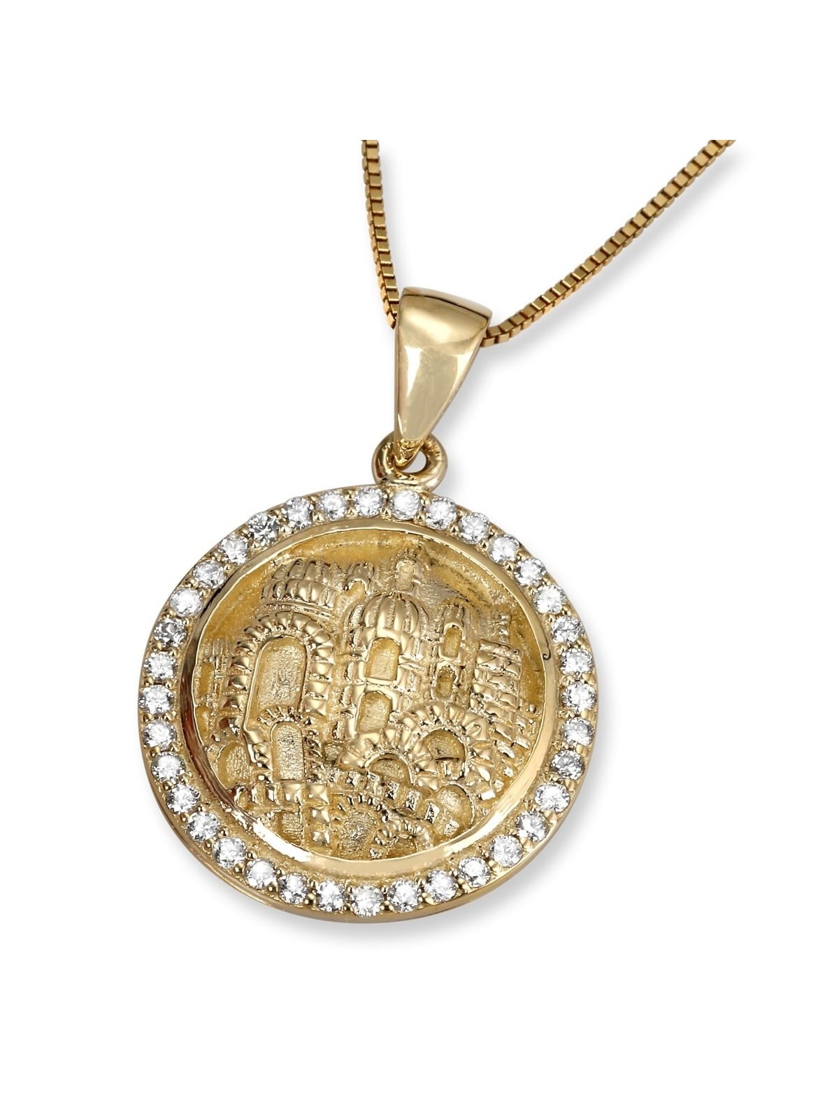 14K Gold Round Jerusalem Pendant With Diamonds