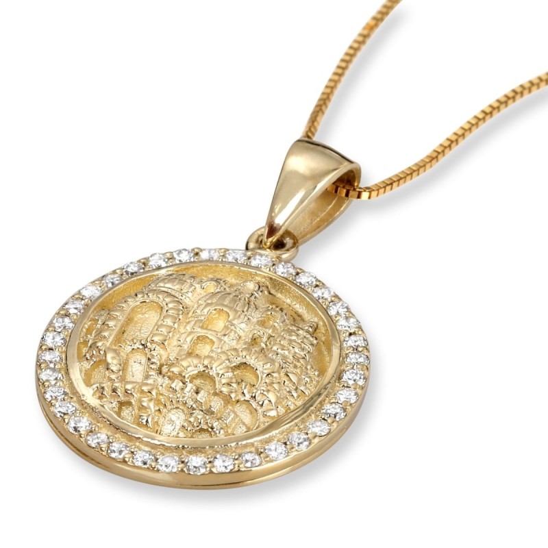 Pendentif Jérusalem rond en or 14 carats avec diamants
