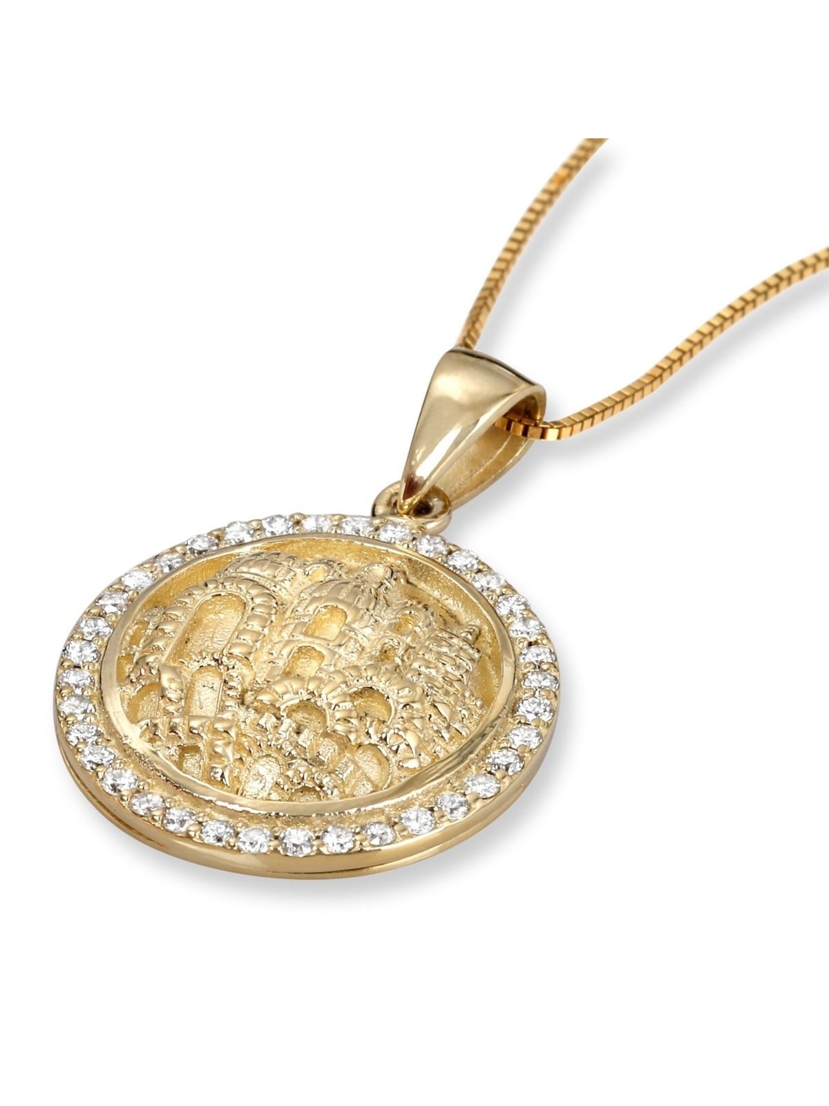 Pendentif Jérusalem rond en or 14 carats avec diamants