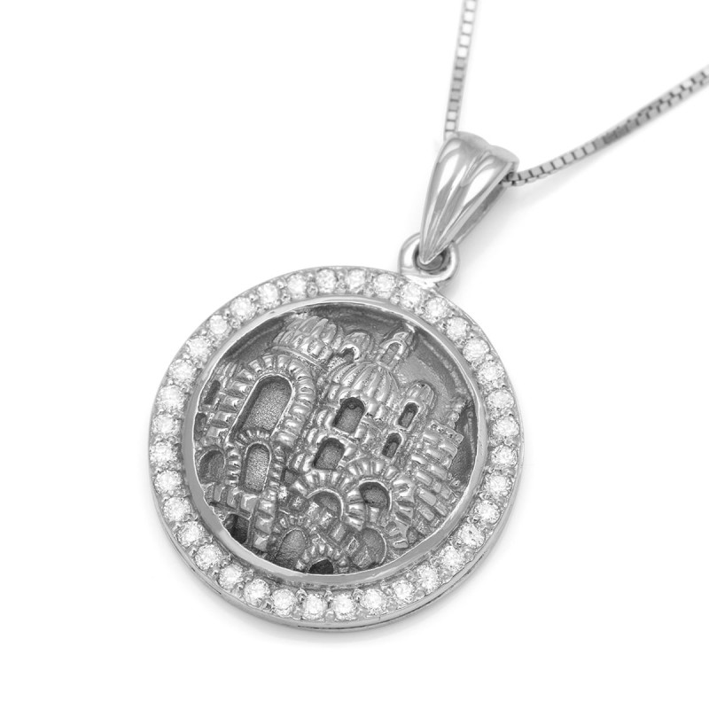 Pendentif Jérusalem rond en or 14 carats avec diamants