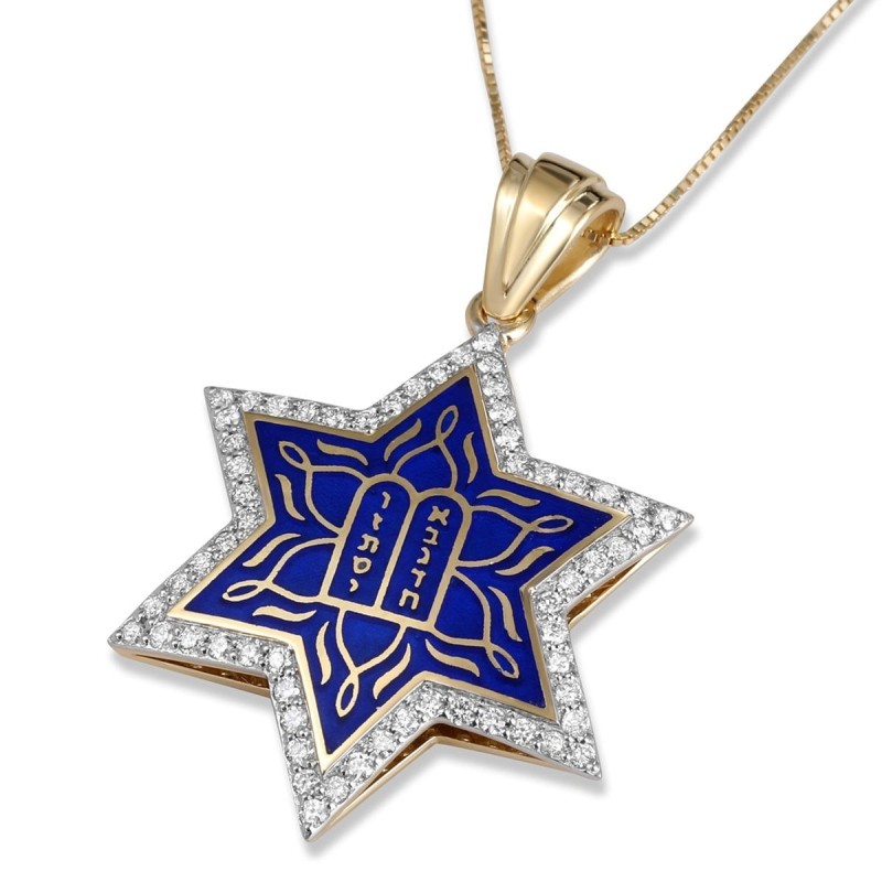 Pendentif diamant étoile de David et dix commandements en or jaune 14 carats avec
