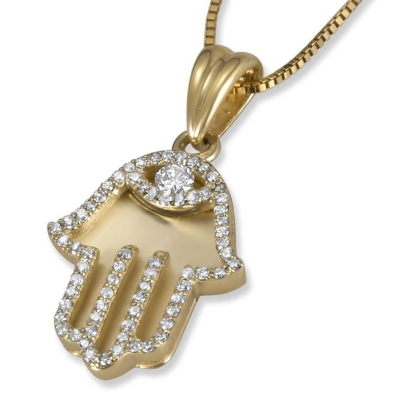 14K Yellow Gold Hamsa Pendant with Diamond Borders and Eye - Small