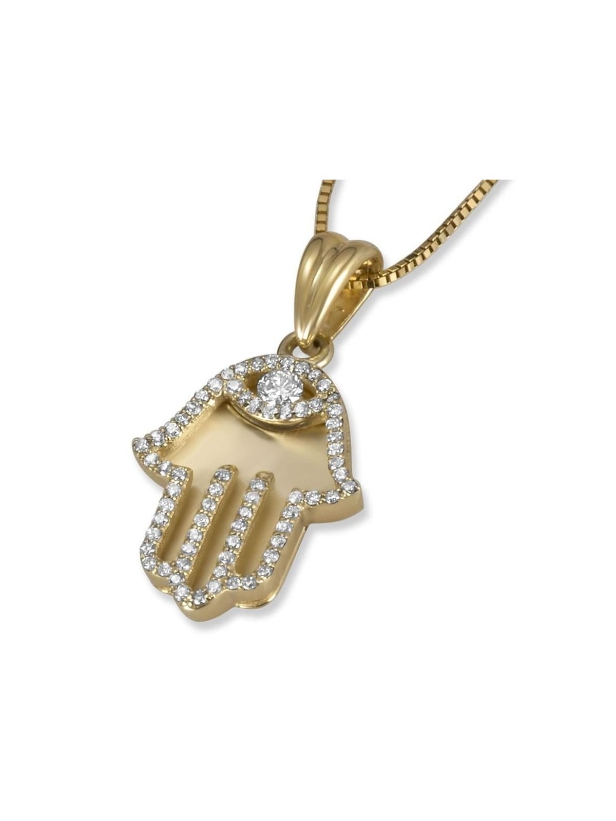 14K Yellow Gold Hamsa Pendant with Diamond Borders and Eye - Small