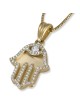 14K Yellow Gold Hamsa Pendant with Diamond Borders and Eye - Small