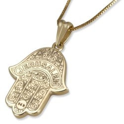 14K Yellow Gold Hamsa Pendant with Diamond Borders and Eye - Small