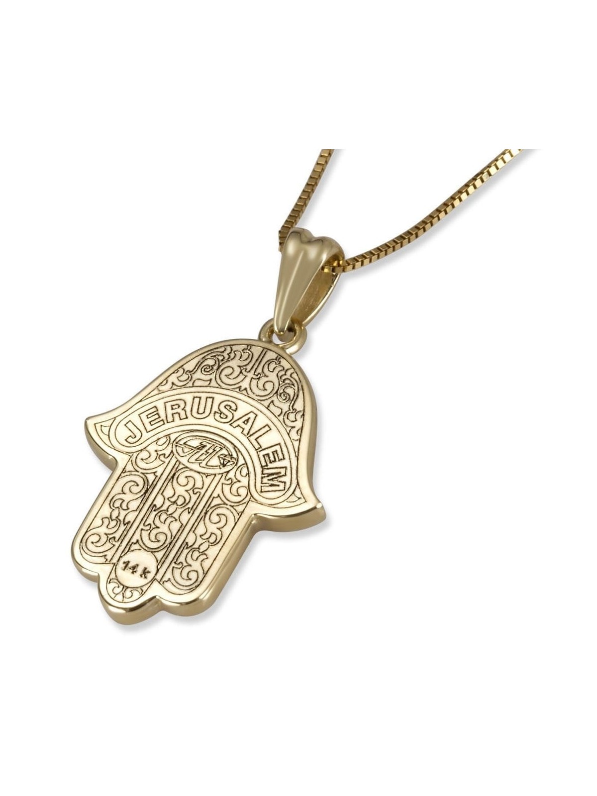 14K Yellow Gold Hamsa Pendant with Diamond Borders and Eye - Small