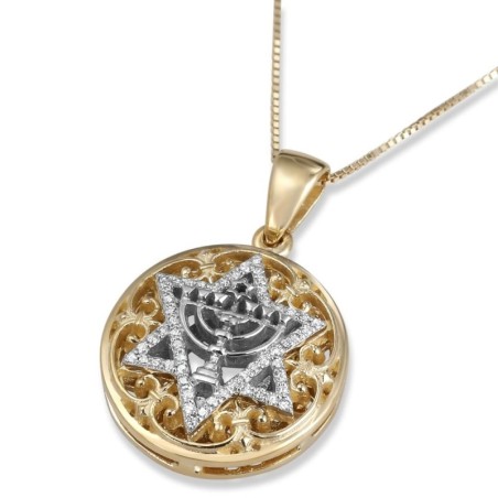 Pendentif étoile de David et diamant menorah en or jaune et blanc 14 carats