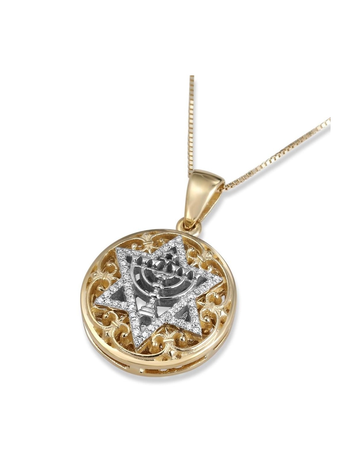 Pendentif étoile de David et diamant menorah en or jaune et blanc 14 carats