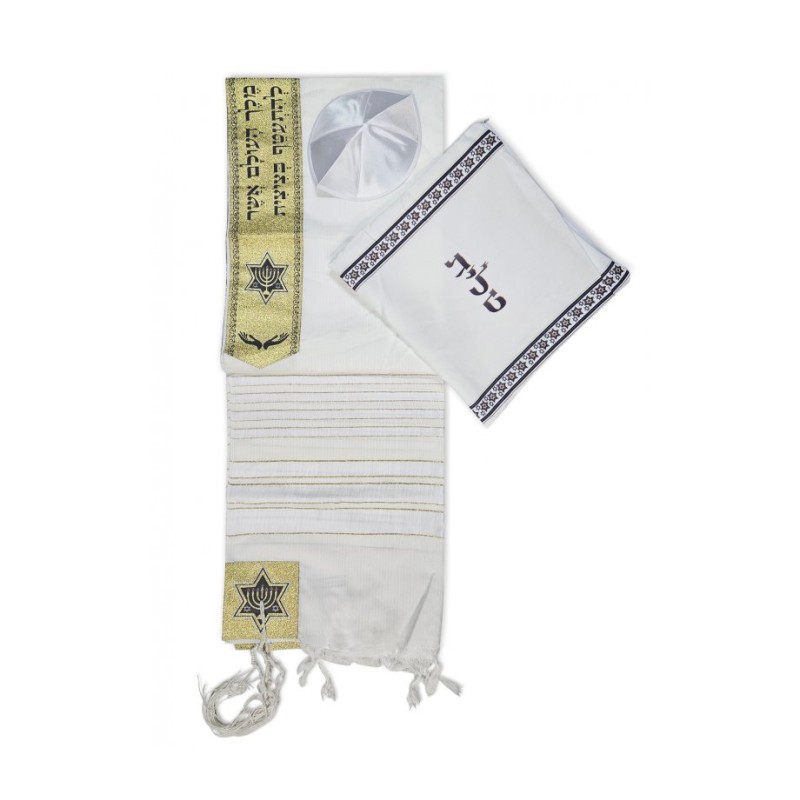 Ateret Acrylic Tallit Set with Gold Stripes and Me... | Modern Tallits