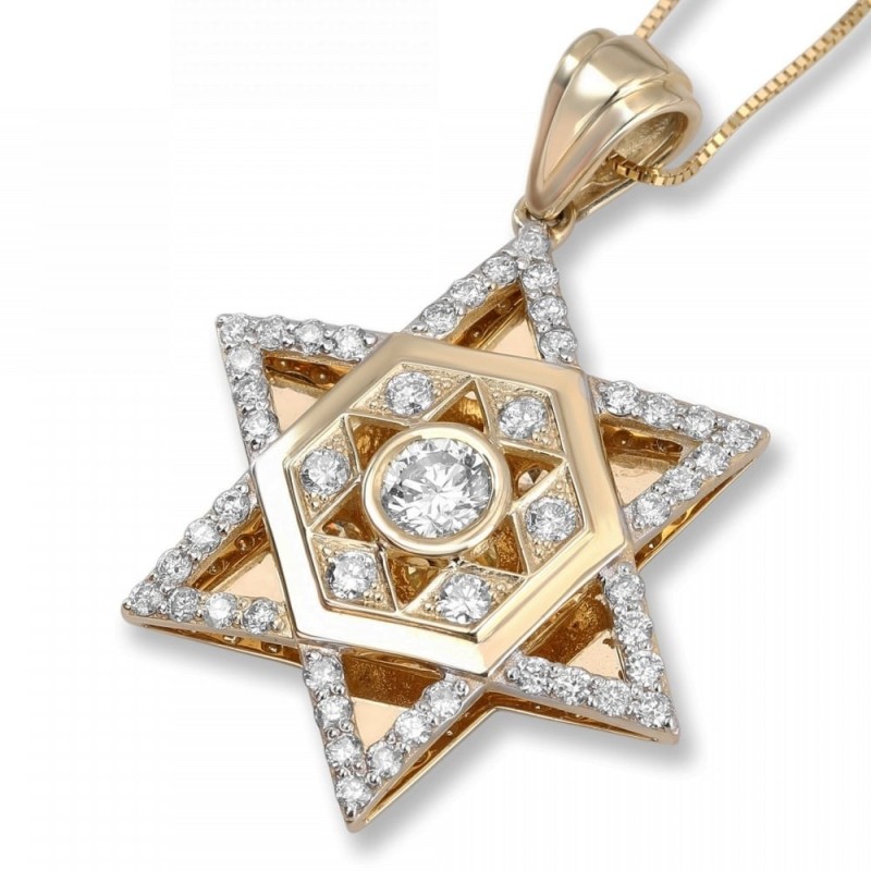 Pendentif étoile de David en or 14 carats et diamants avec hexagone central et SM